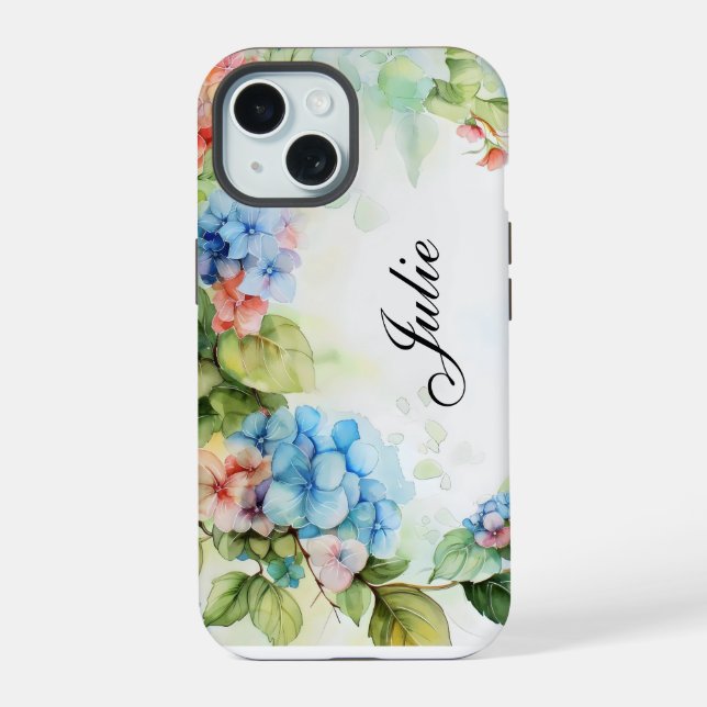 Coque iPhone 15 Mariage Fleurs Bleues et Rouges (Verso)