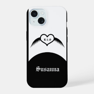 Coque iPhone 15 Mariage gothique cœur ailé monogramme personnalisé