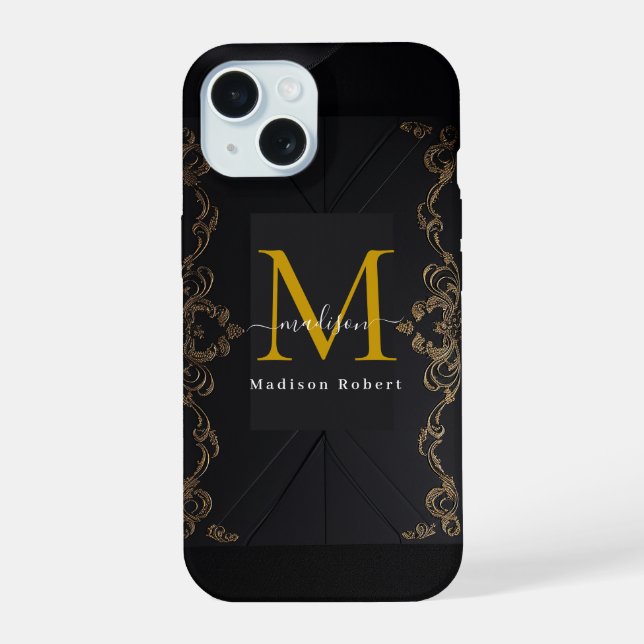 Coque iPhone 15 Marque Monogramme Marron Luxe Moderne Initiale Drô (Verso)