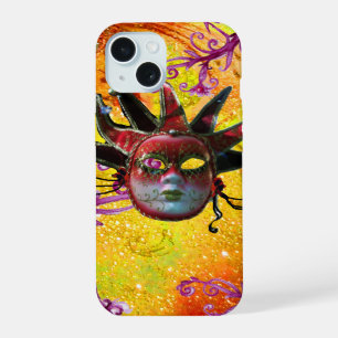 Coque iPhone 15 MASQUE DE JESTER ROUGE NOIR Mascarade Jaune Violet