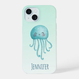 Coque iPhone 15 Méduses bleues-vert mignonnes et amusantes