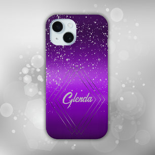 Coque iPhone 15 Métal brossé violet moderne avec Monogramme argent