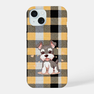 Coque iPhone 15 Mignon chien Schnauzer carreaux jaunes
