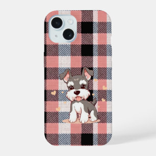 Coque iPhone 15 Mignon chien Schnauzer carreaux roses