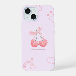 Coque iPhone 15 Mignonne Cerise Ruban Rose Mignon