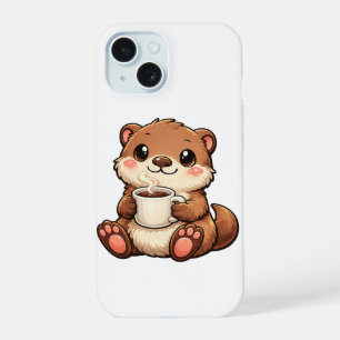 Coque iPhone 15 Mignonne loutre avec café – Animal Kawaii Cozy