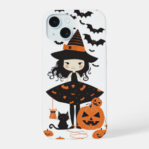 Coque iPhone 15 Mignonne sorcière d'Halloween effrayante chat noir