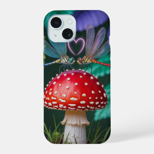 Coque iPhone 15 Mignonnes libellules sur un champignon -