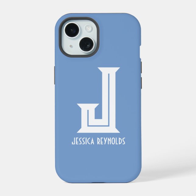 Coque iPhone 15 Minimal Monogramme Bleu (Verso)