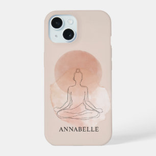 Coque iPhone 15 Minimalisme femme méditant en art linéaire aquarel