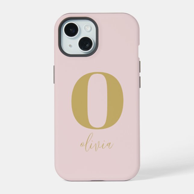 Coque iPhone 15 Minimaliste Simple Chic Rose Pâle Or Monogramme (Verso)