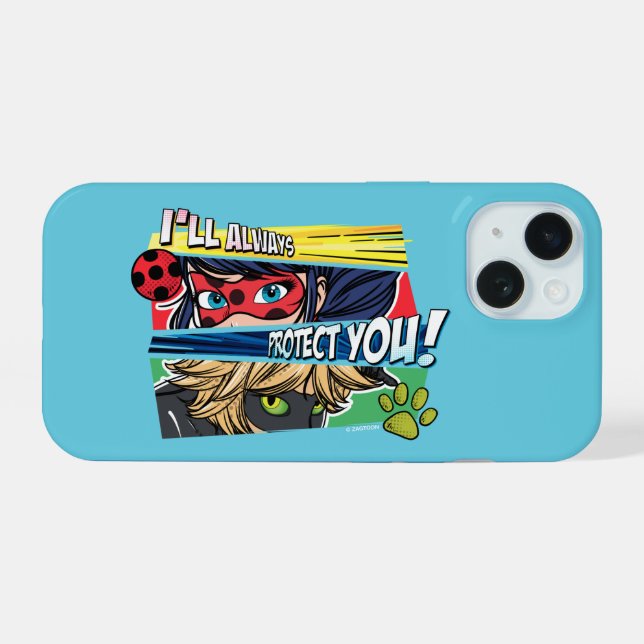 Coque iPhone 15 Miraculous Ladybug & Cat Noir toujours vous protég (Verso Horizontal)