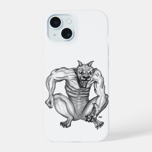 Coque iPhone 15 Mix-Creature Troll Diable Golem, Noir et Blanc (Verso)