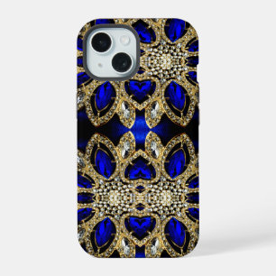 Coque iPhone 15 mode stylisé or turquoise argent bleu royal