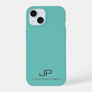 Coque iPhone 15 Modèle de monogramme élégant bleu sarcelle clair v