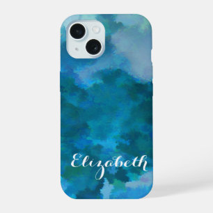 Coque iPhone 15 Modèle de nom personnalisé bleu vert aquarelle mod