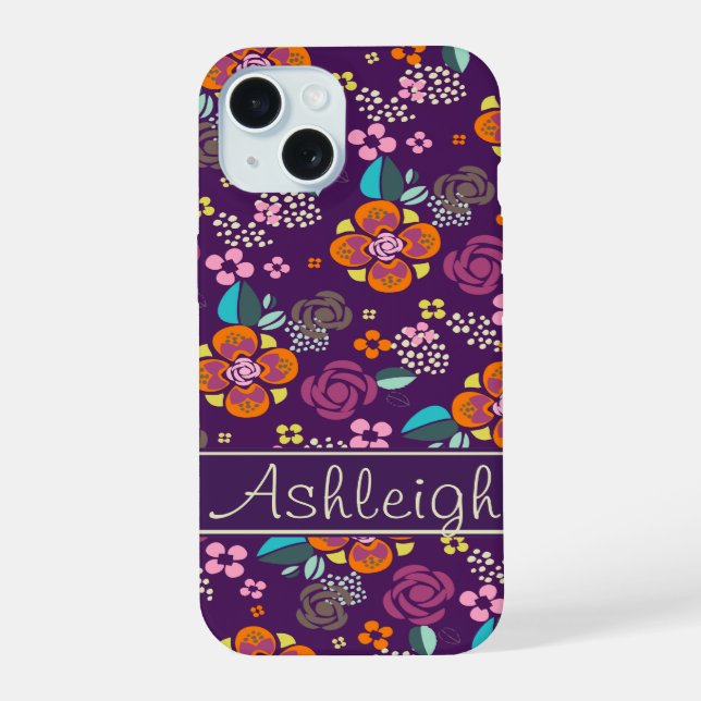 Coque iPhone 15 Modèle floral violet rétro (Verso)