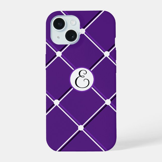 Coque iPhone 15 Modèle rayé violet et blanc avec initiale E élégan (Verso)