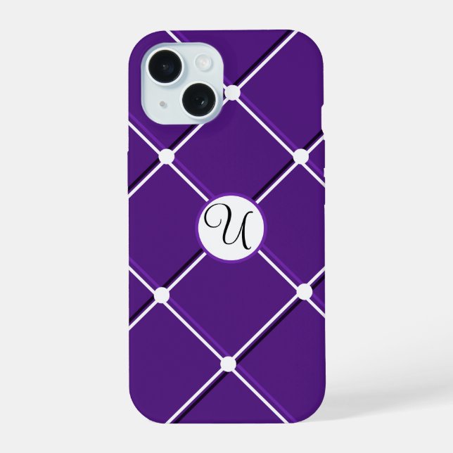Coque iPhone 15 Modèle rayé violet et blanc avec initiale U élégan (Verso)