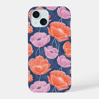 Coque iPhone 15 Modern Artistic Coral Pink Poppies Floral