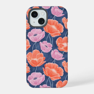 Coque iPhone 15 Modern Artistic Coral Pink Poppies Floral