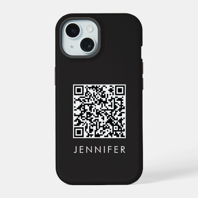Coque iPhone 15 Modern Minimalist Black Executive QR Code Monogram (Verso)