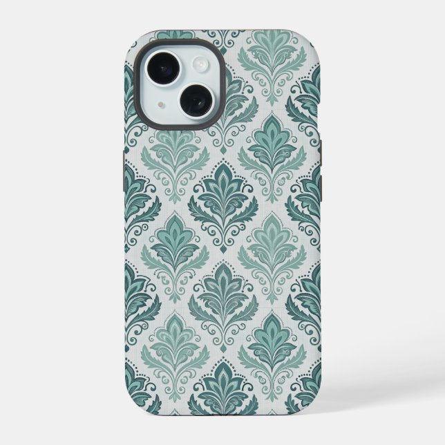 Coque iPhone 15 Modern Teal Nordic Damask (Verso)