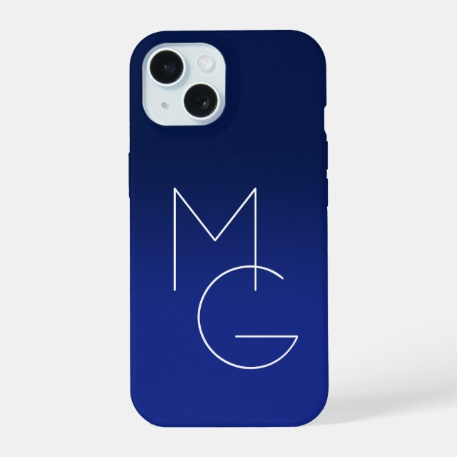 Coque iPhone 15 Moderne 2 Initiales | Dégradé Bleu Foncé (Verso)
