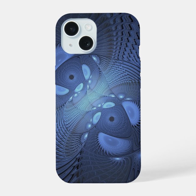 Coque iPhone 15 Moderne Abstrait tendance Dusk Blue Fractal Art (Verso)