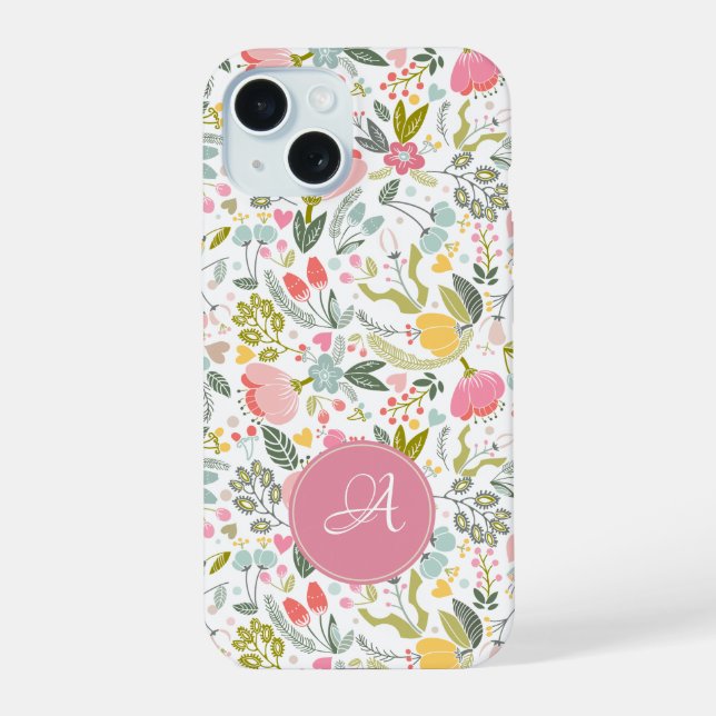Coque iPhone 15 Moderne chic floral blush rose monogrammé (Verso)