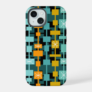 Coque iPhone 15 Moderne Multicolore Sarcelle de milieu de siècle