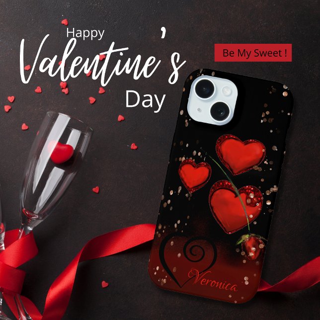Coque iPhone 15 Moderne Noir avec Cœurs Rouges (Modern Black with Red Hearts iPhone 15 Case)
