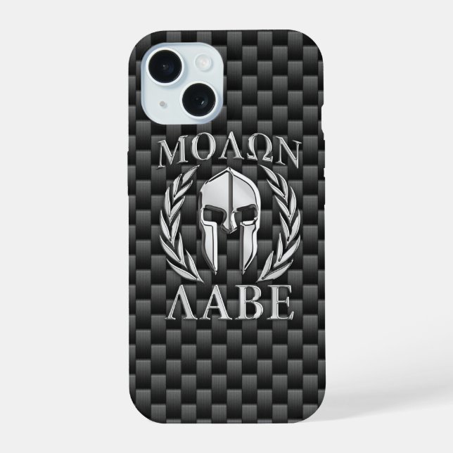 Coque iPhone 15 Molon Labe Spartan Warrior Fibre de carbone Imprim (Verso)
