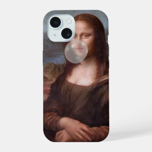 Coque iPhone 15 Mona Lisa soufflant du chewing-gum gris