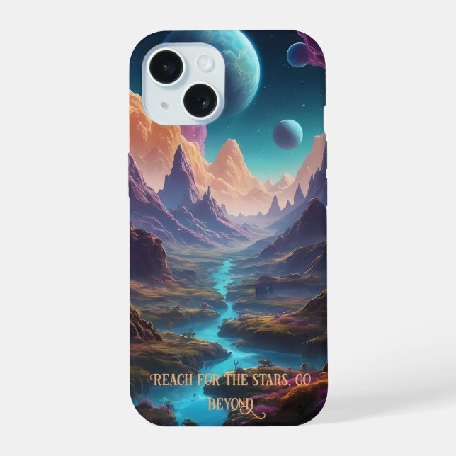 Coque iPhone 15 Mondes aliens dynamiques avec ciel néon (Verso)