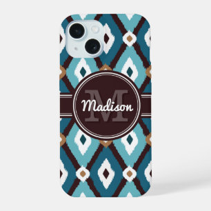 Coque iPhone 15 Monogram Ikat Motif Bleu et Brown