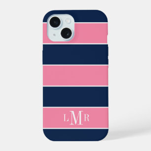 Coque iPhone 15 Monogramme à 3 lettres avec rayures de rugby rose