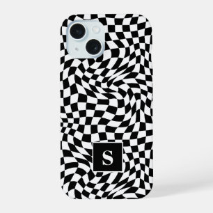 Coque iPhone 15 Monogrammé à carreaux ondulés noir et blanc