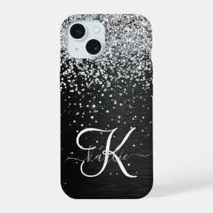 Coque iPhone 15 Monogramme à étincelle noire à Parties scintillant
