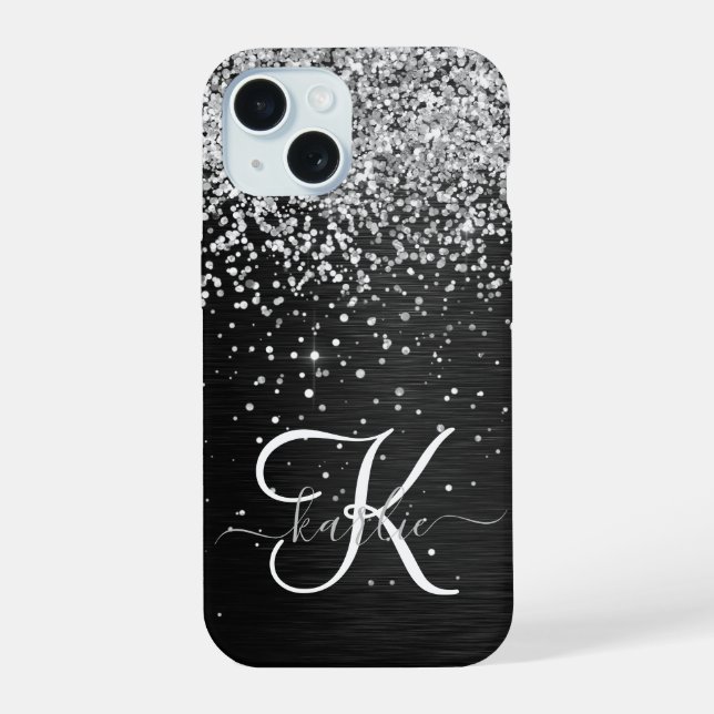 Coque iPhone 15 Monogramme à étincelle noire à Parties scintillant (Verso)