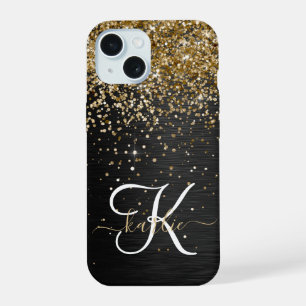 Coque iPhone 15 Monogramme à étincelle noire à Parties scintillant