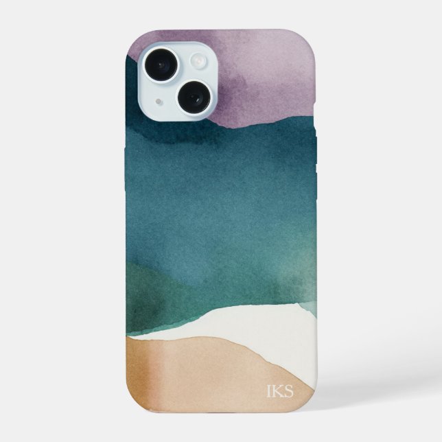 Coque iPhone 15 Monogramme Abstrait Aquarelle Moderne (Verso)