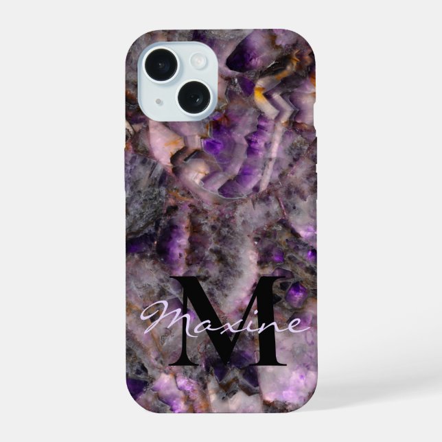 Coque iPhone 15 Monogramme abstrait en marbre de quartz améthyste  (Verso)