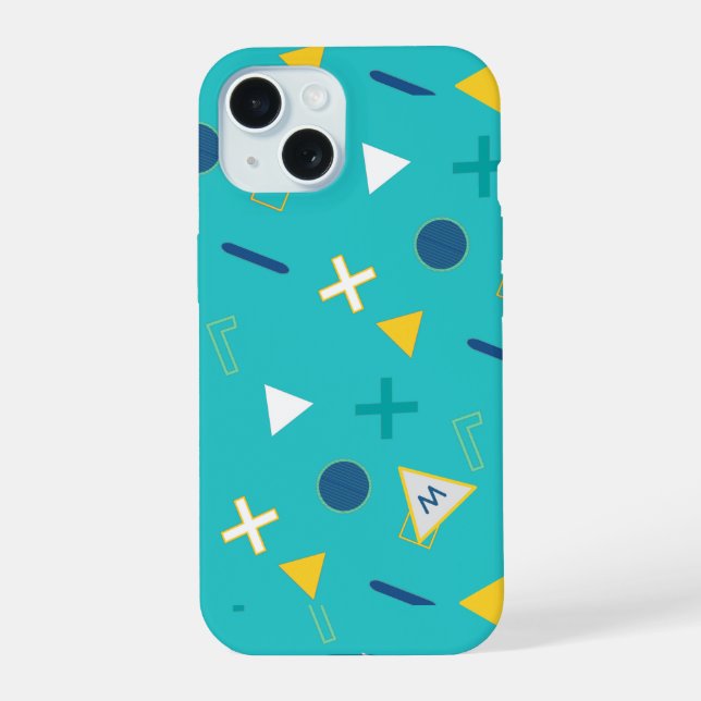 Coque iPhone 15 Monogramme Aqua Blue Memphis (Verso)