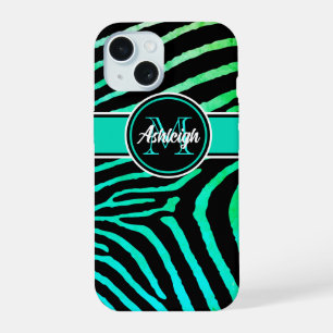 Coque iPhone 15 Monogramme Aqua Green, Zèbre noir rayures