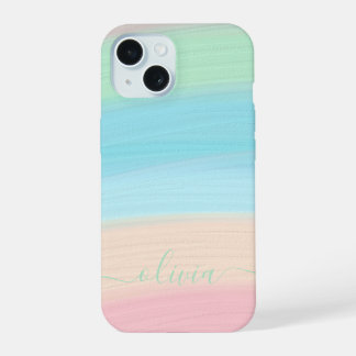 Coque iPhone 15 Monogramme arc-en-ciel à l'aquarelle de style mode