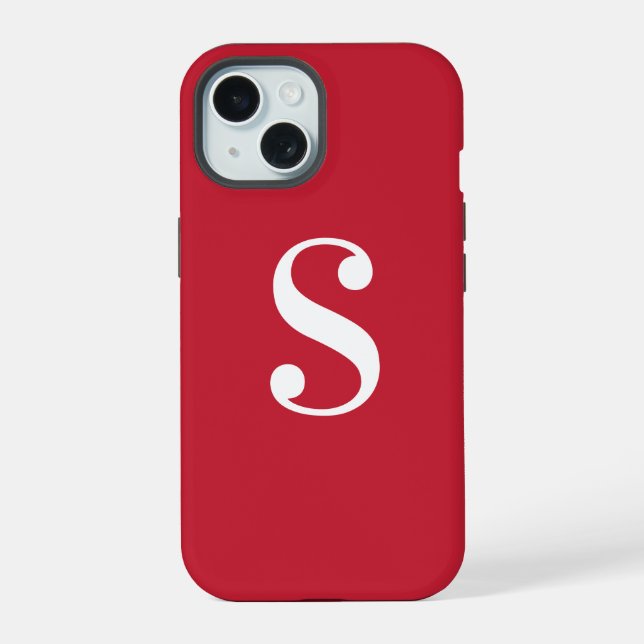 Coque iPhone 15 Monogramme blanc minimal en rouge (Verso)