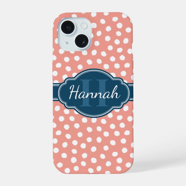 Coque iPhone 15 Monogramme bleu rose et blanc Pois (Verso)