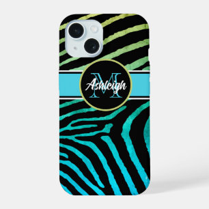 Coque iPhone 15 Monogramme bleu, vert, noir zèbre rayures