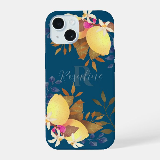 Coque iPhone 15 Monogramme chic citron turquoise (Verso)